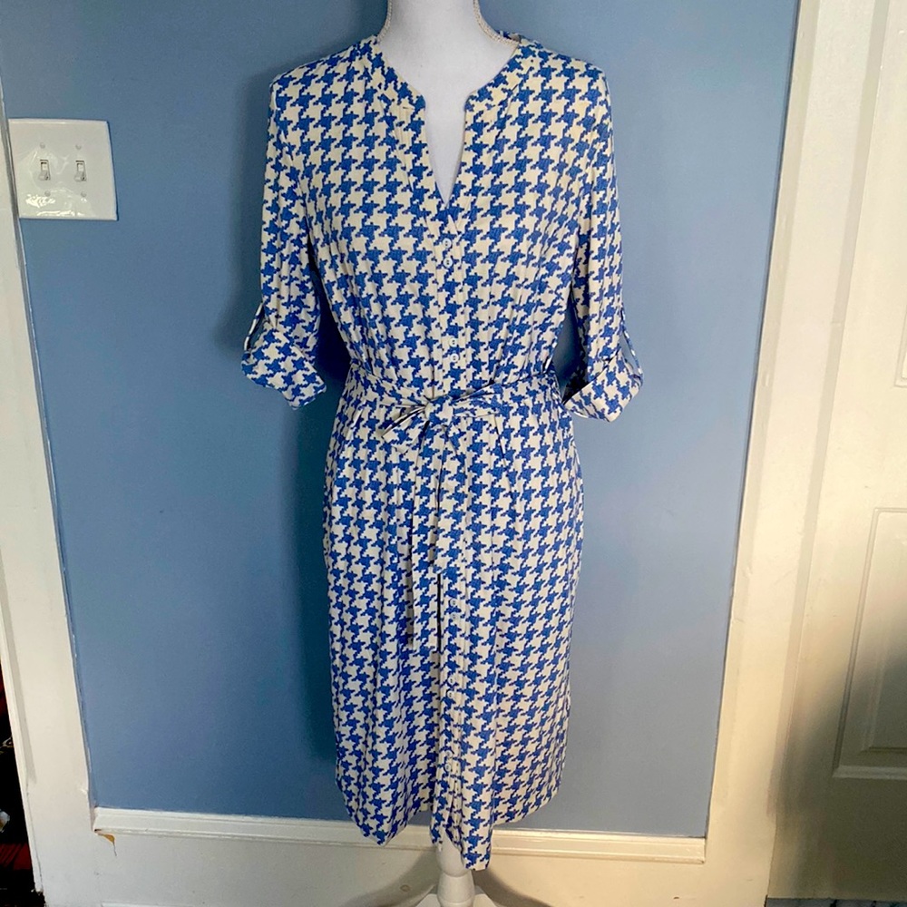 J McGlaughlin XL blue houndstooth 3/4 sleeve button up dress
